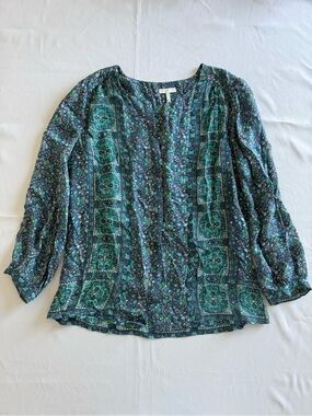 Joie Green and Navy Floral Paisley Print Silk Blouse